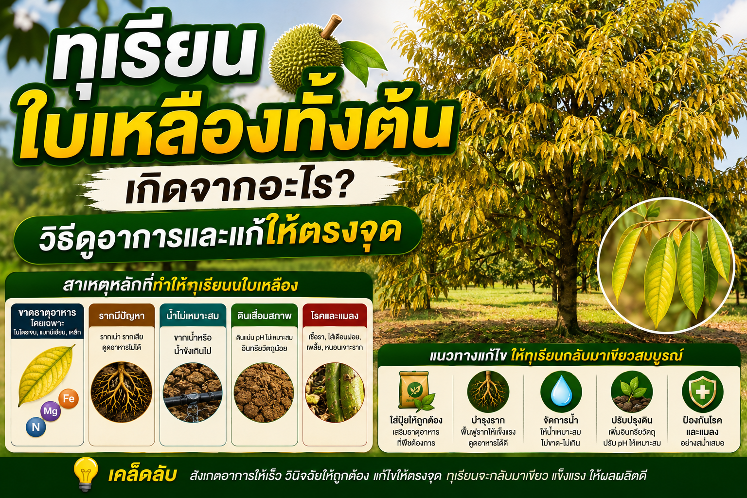 ทุเรียนใบเหลืองทั้งต้นเกิดจากอะไร? วิธีดูอาการและแก้ให้ตรงจุด