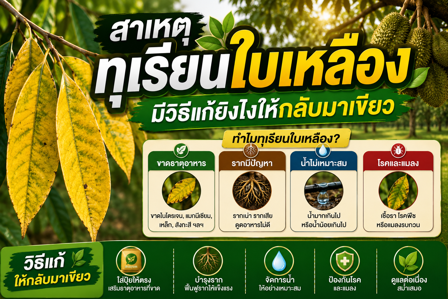 ทุเรียนใบเหลือง มีสาเหตุ ปัญหาอะไร? และมีวิธีแก้ยังไงให้กลับมาเขียว