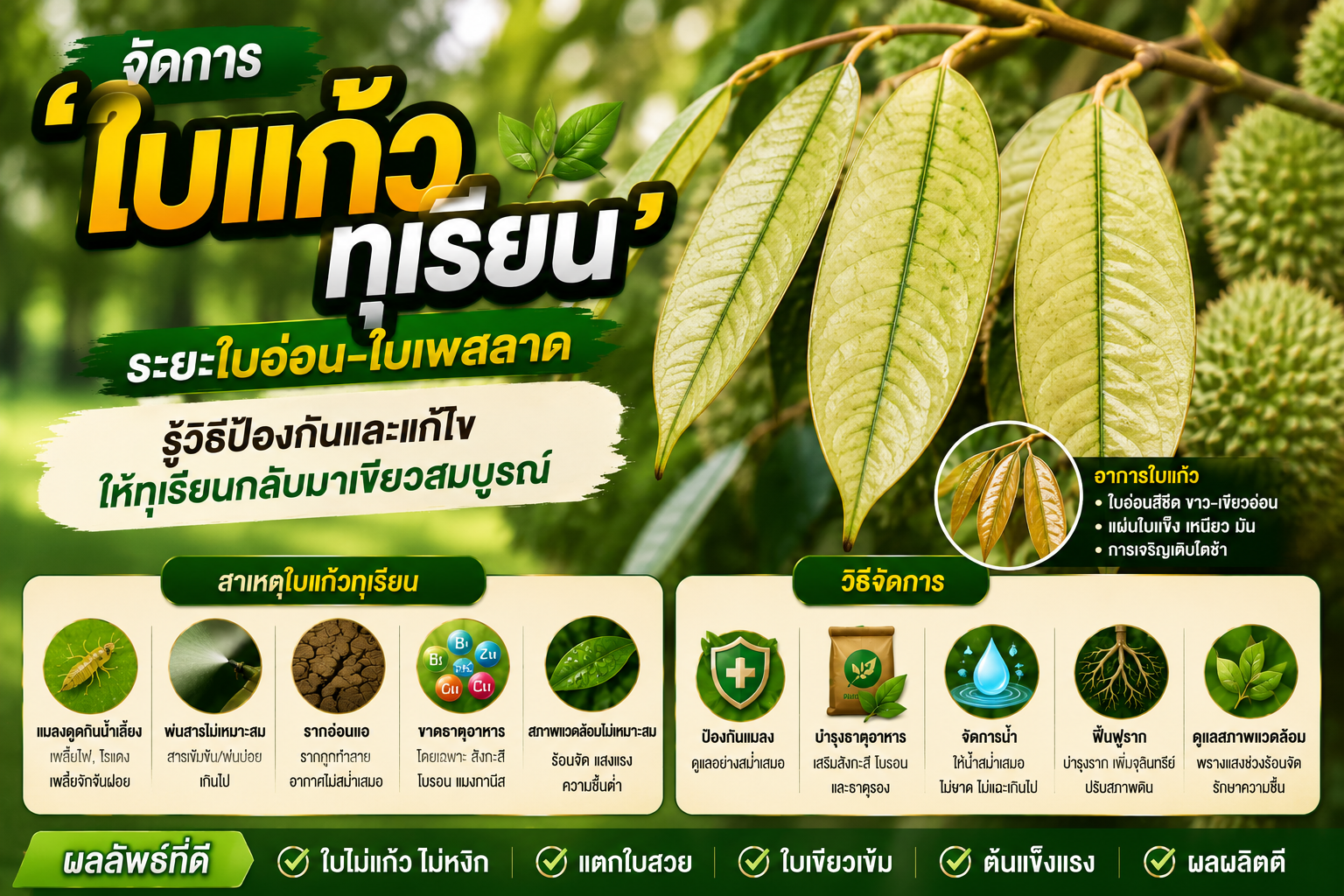 จัดการ 'ใบแก้วทุเรียน' ระยะใบอ่อน-ใบเพสลาด รู้วิธีป้องกันและแก้ไขให้ทุเรียนกลับมาเขียวสมบูรณ์