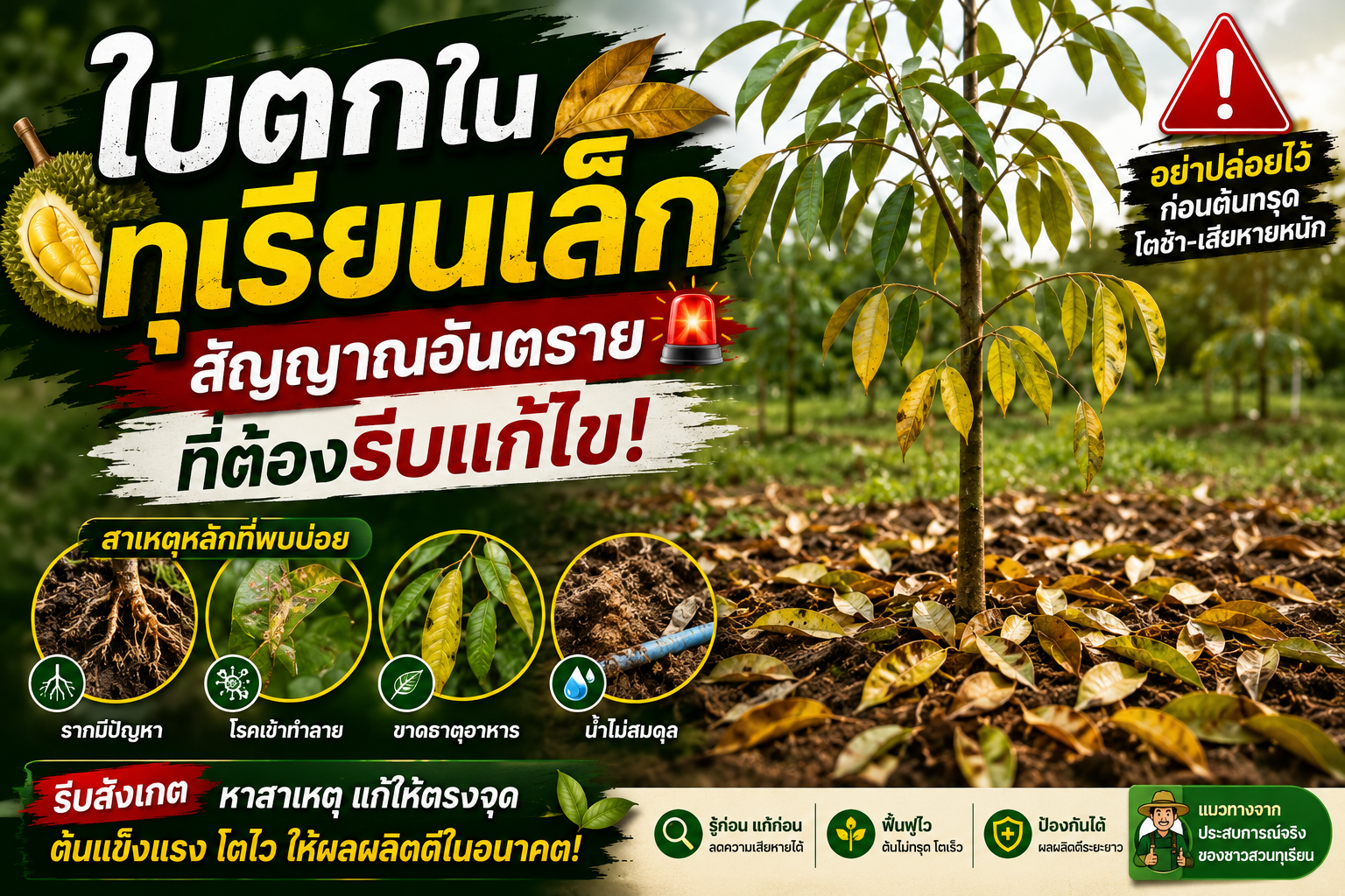 ใบตกในทุเรียนเล็ก สัญญาณอันตรายที่ต้องรีบแก้ไข
