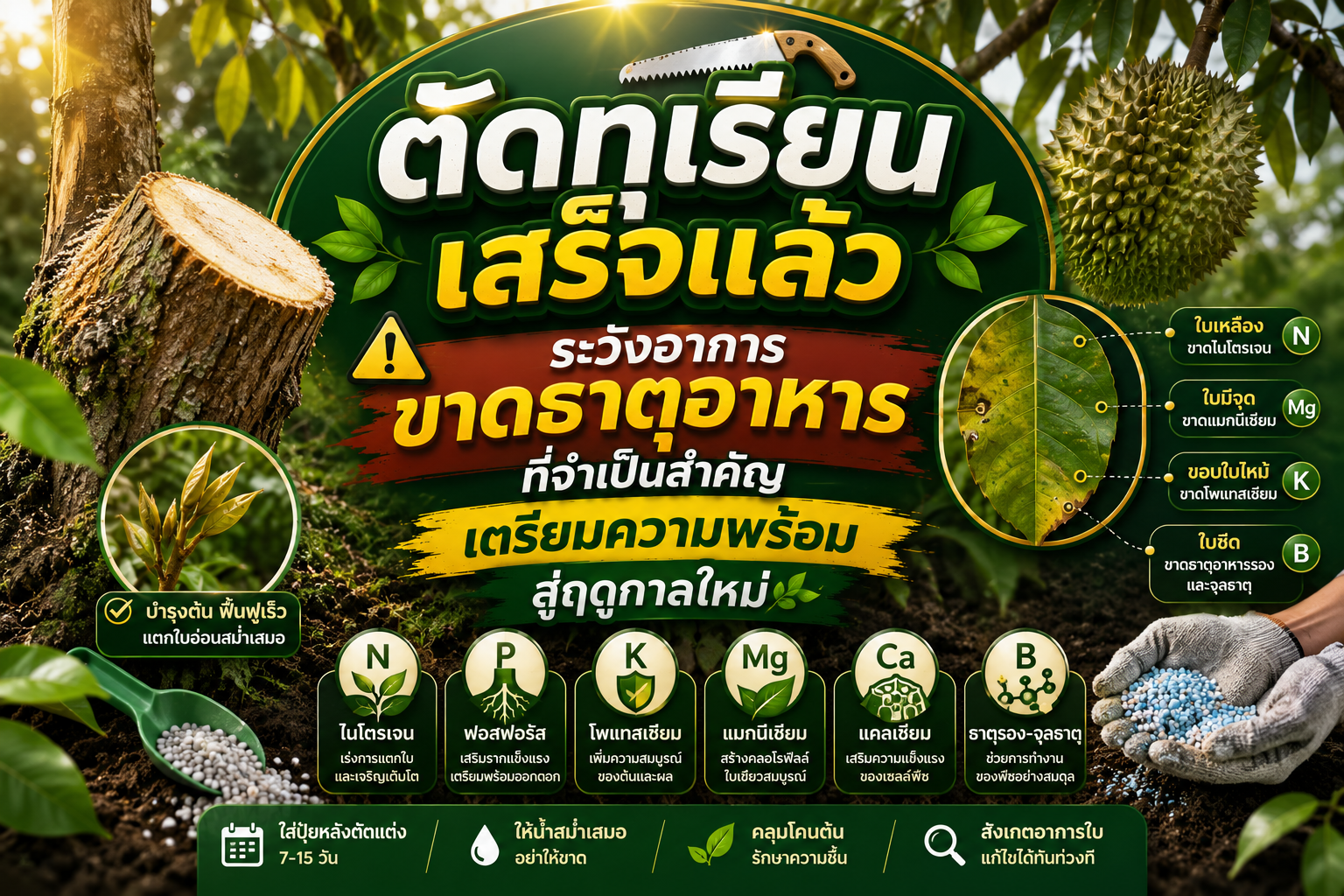 ตัดทุเรียนเสร็จแล้ว ระวังอาการขาดธาตุอาหารที่จำเป็นสำคัญ เพื่อเตรียมความพร้อมสู่ฤดูกาลใหม่