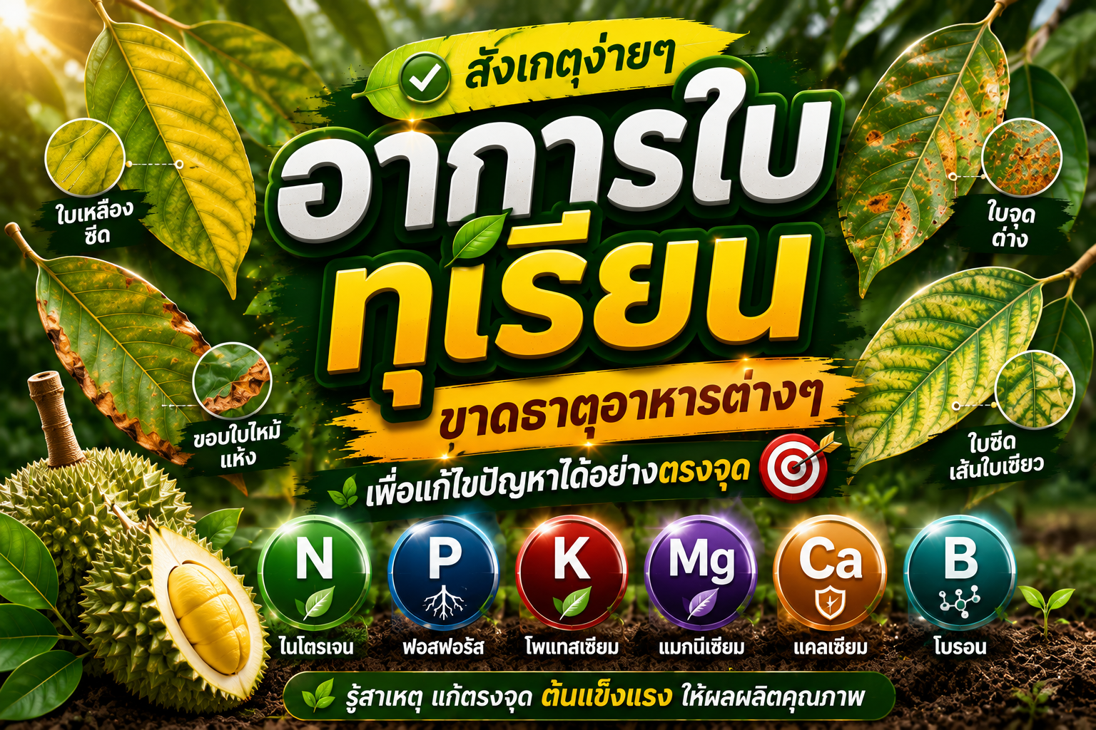 สังเกตง่ายๆ อาการใบทุเรียนขาดธาตุอาหารต่างๆ เพื่อแก้ไขปัญหาได้อย่างตรงจุด
